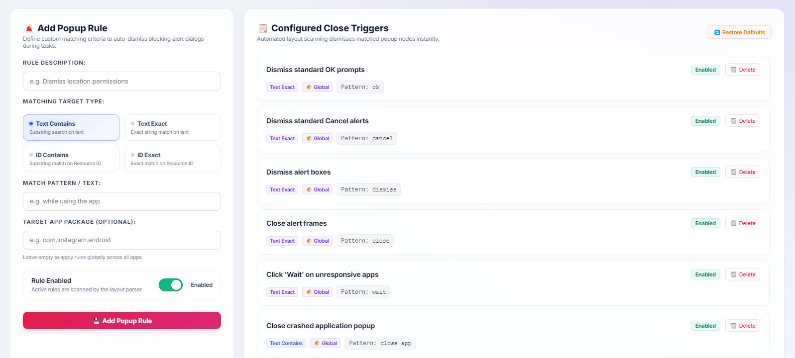 Visual popup library override configurations